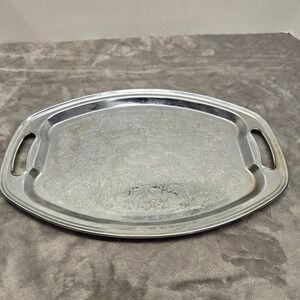 Vintage Irvinware Silver Tone Etched Floral Oval Serving Tray Handles‎ USA 9.5"